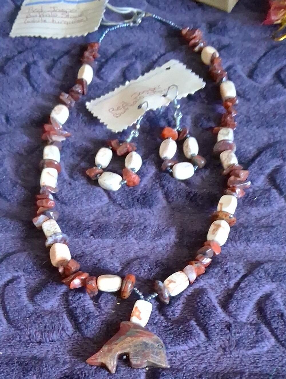 Handmade Brown and Cream Stone Necklace & Earring Set